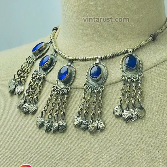 Beaded Chain Choker Necklace With Dangling Tassels and Blue Stone, Tribal Light - Picture 4 of 10